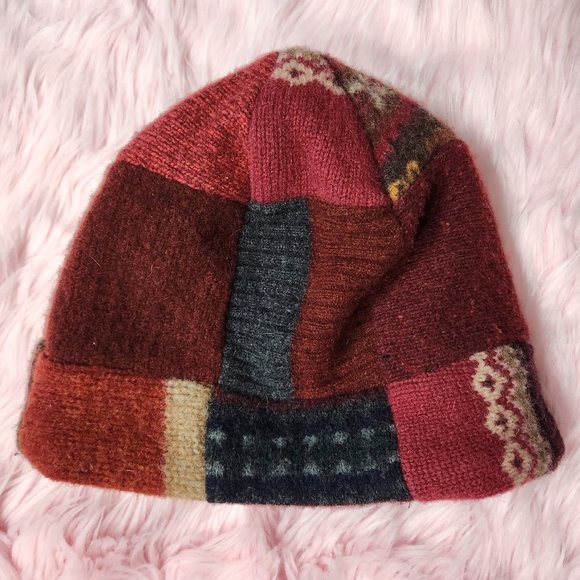 Wool Red Orange Autumn Themed Winter Beanie Hat OS Womens Patchwork Knit Cable - Picture 2 of 3